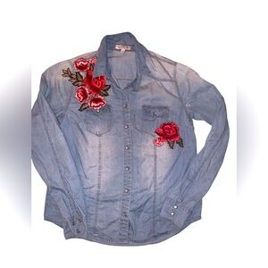 Embroidered cotton Denim Shirt with Floral Design sz small